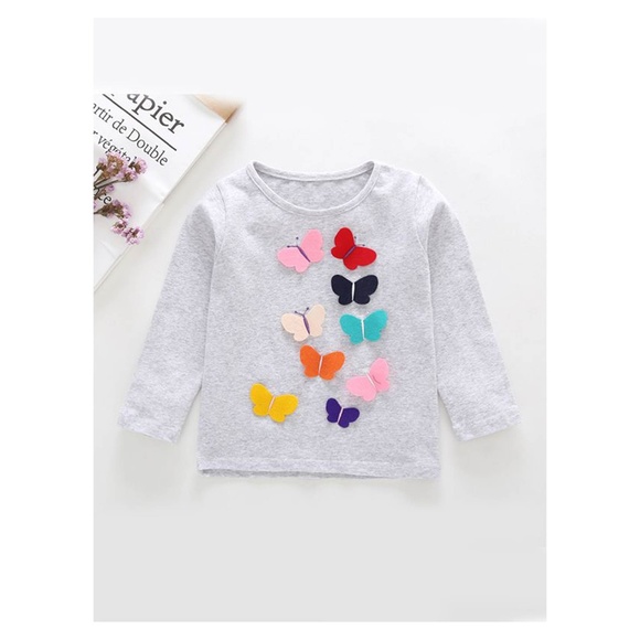 One Rainbow Other - Grey Butterflies Applique Long Sleeve Girl T-Shirt